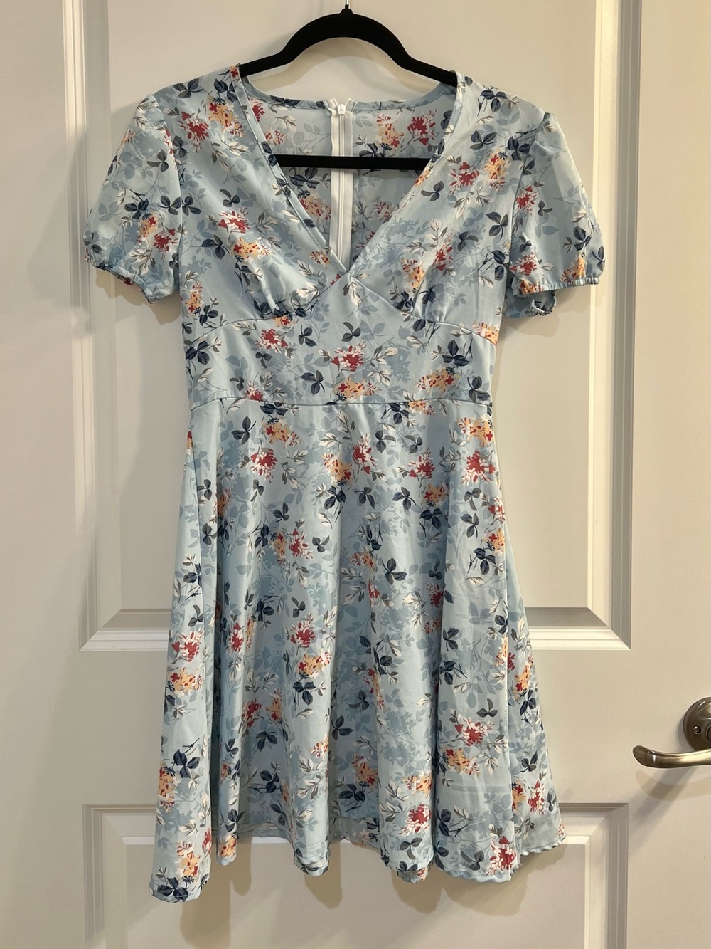 Light Blue Floral V-Neck Fit & Flare Dress